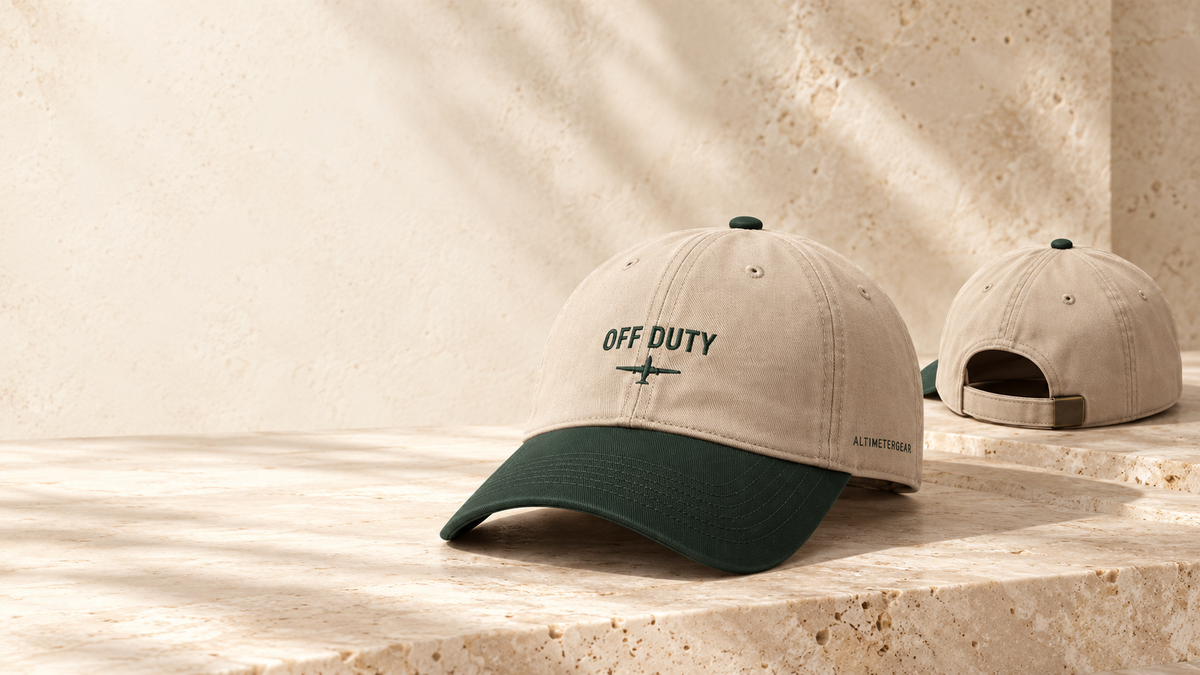 Off Duty cap concept in stone and forest green on warm stone