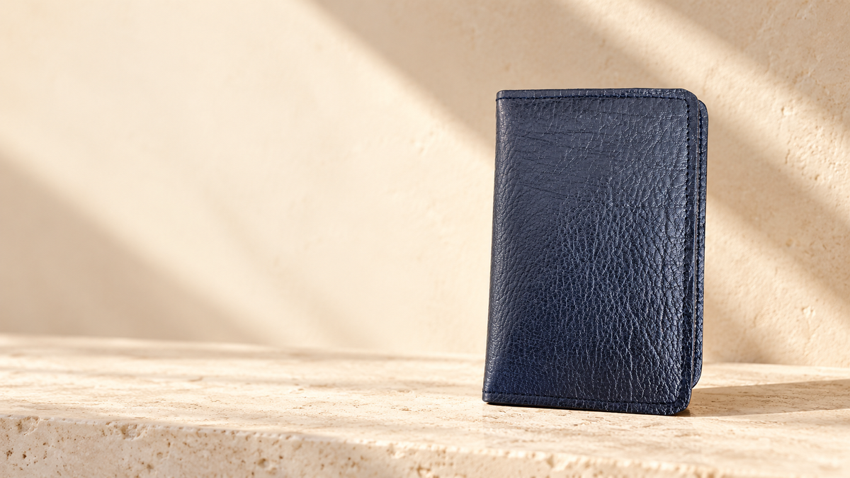 AltimeterGear passport cover in a warm stone studio