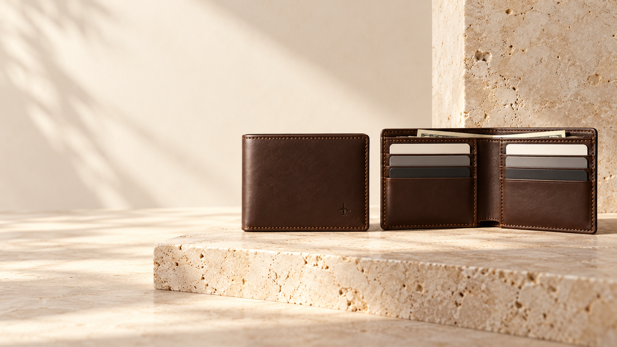 Everyday Bifold wallet concept in dark brown on warm stone